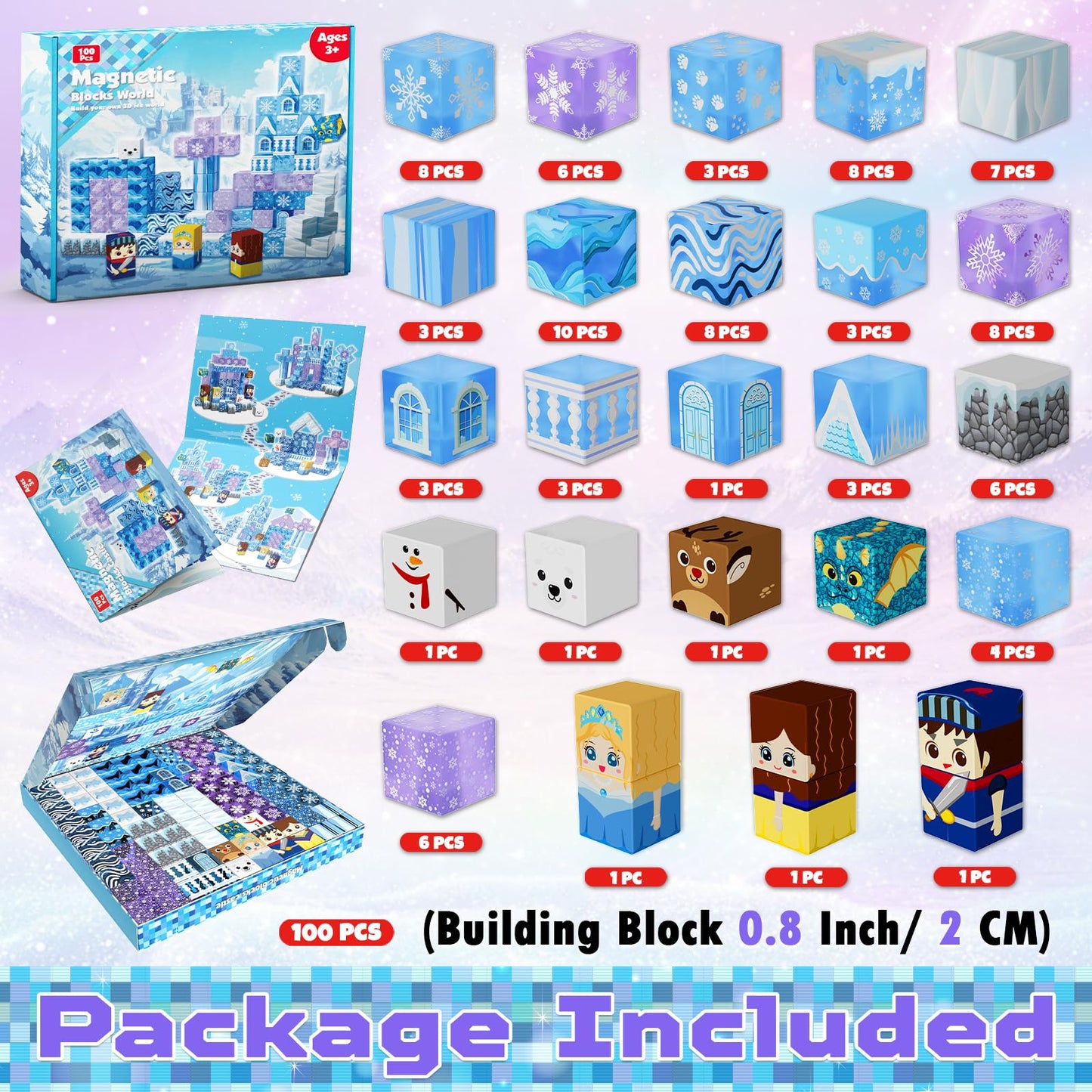 Magnetic Blocks 100pcs 0.8in – Transparent Building Cubes for Kids 4-8, Princess Castle Magnet Tiles Toy Gift for Girls Ages 3-12