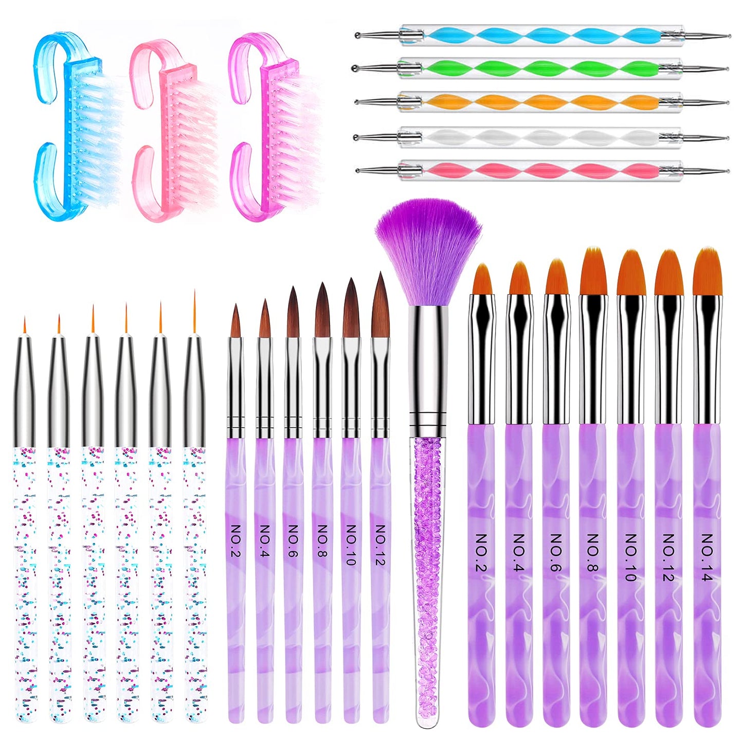 AROIC 28 Pcs Acrylic Nail Brush Set Including 7 Pcs UV Gel Nail Art Brushes, 6 Pcs 3D Nail Extension Brush, 5Pcs Double Ended Dotting Nail Pen