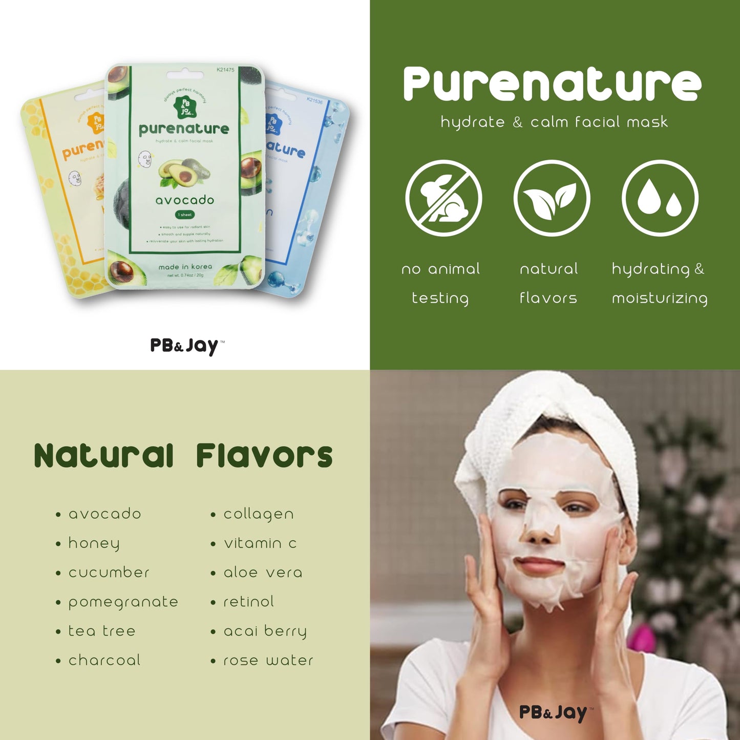 PB&Jay Purenature Hydrate and Calm Facial Mask - 12 Pack Acai Berry,Vita c,retinol and more, Made in Korea, Face Mask Skincare for Hydration, Skincare