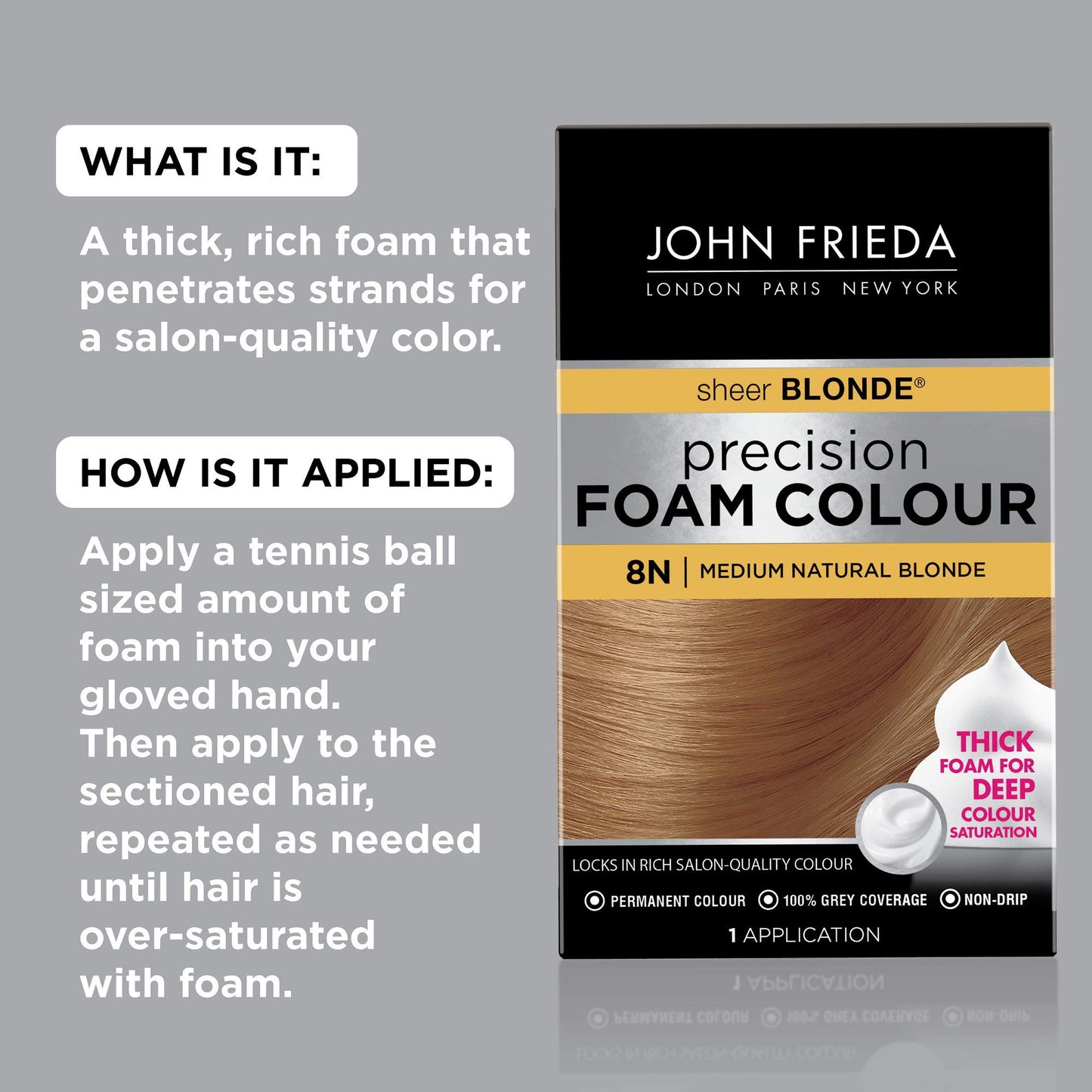 John Frieda Precision Foam Colour, Medium Natural Blonde 8N, Full-Coverage Hair Color Kit, Anti-Fade Gray Coverage, Deep Color Saturation Hair Dye, 1