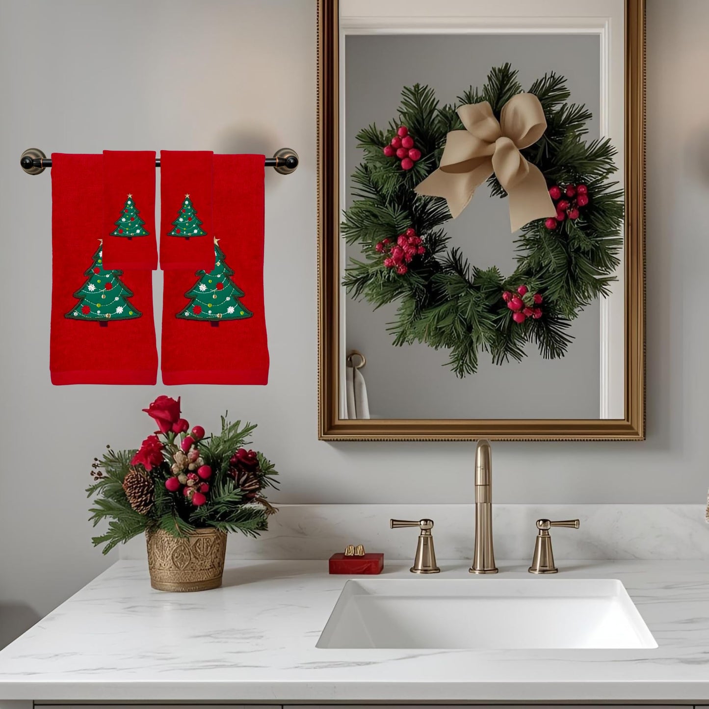 Serafina Home Christmas Bathroom Fingertip Towels - Set of 2 Red 100% Cotton Embroidered Green Christmas Tree with Gold Star & Ornaments - 18 x 12”…