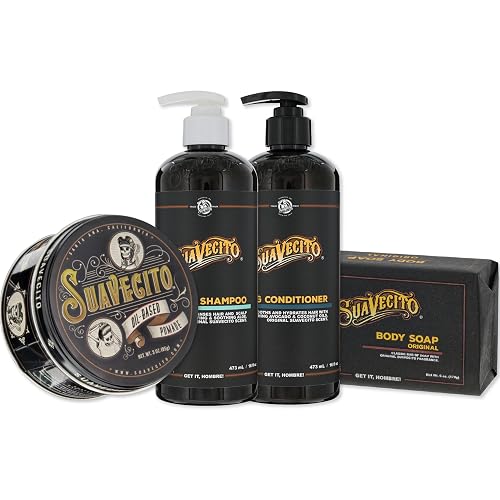Suavecito Hair & Body Essentials Bundle: Oil Based Hair Styling Pomade, Moisturizing Body Soap, Hydrating Shampoo & Nourishing Conditioner…