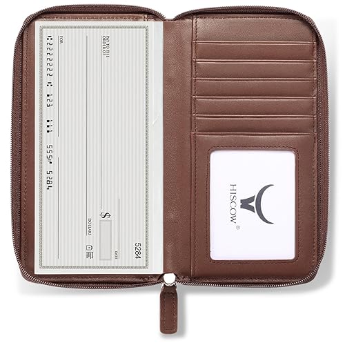 HISCOW Zippered Checkbook Cover & Card Holder with Divider - Italian Calfskin (Brown)