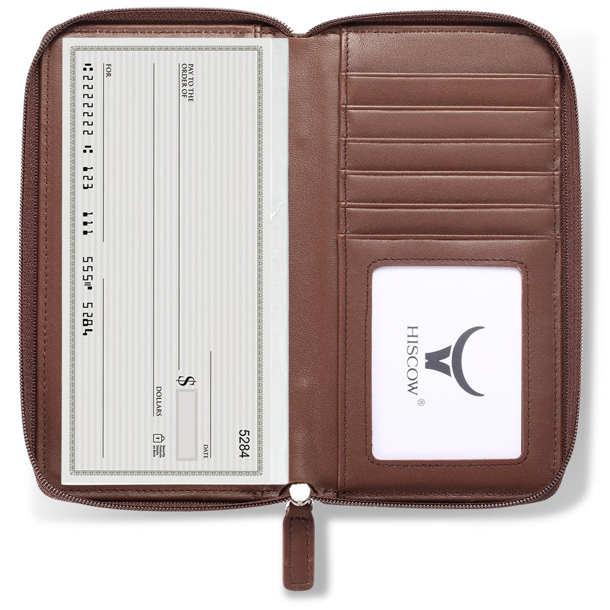 HISCOW Zippered Checkbook Cover & Card Holder with Divider - Italian Calfskin (Brown)