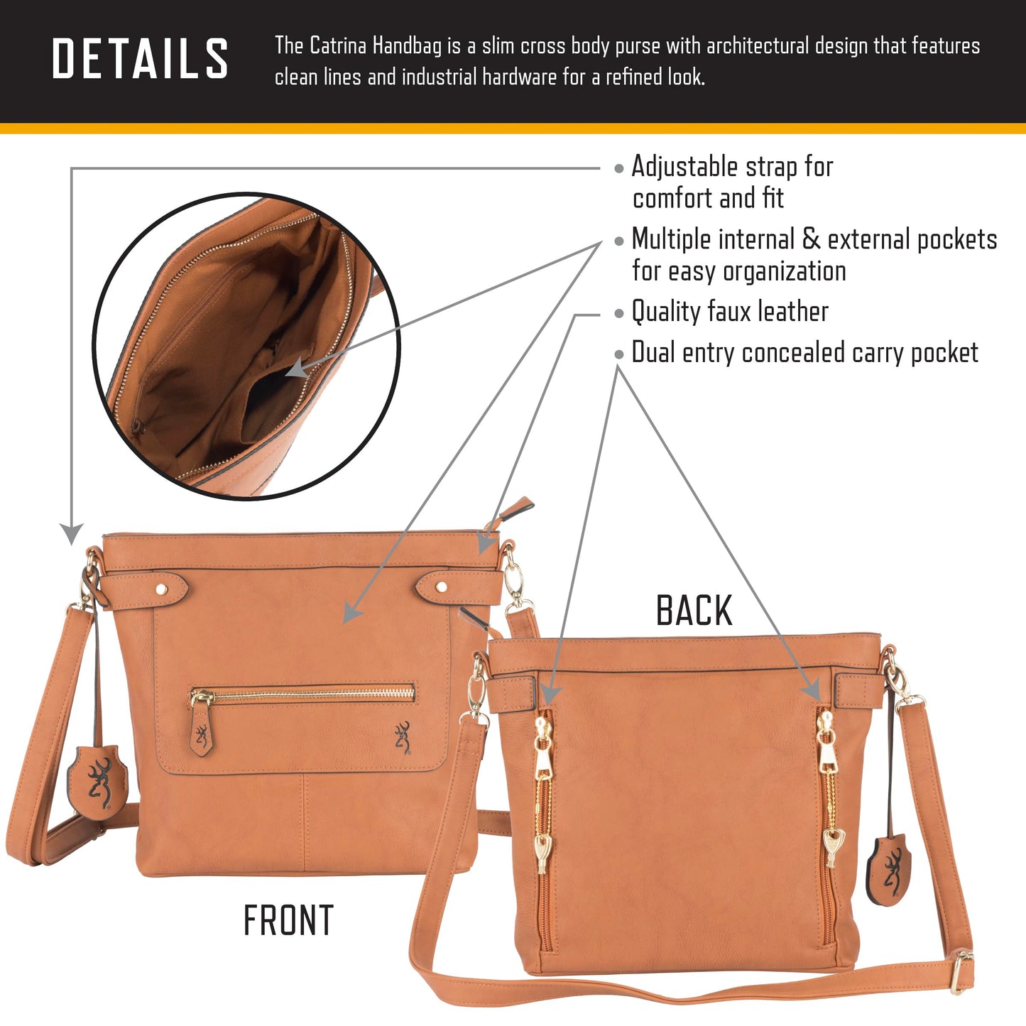 Browning Women's Concealed Carry Catrina Purse, Premium Holstered Handbag With Safety Locking Option, Brown