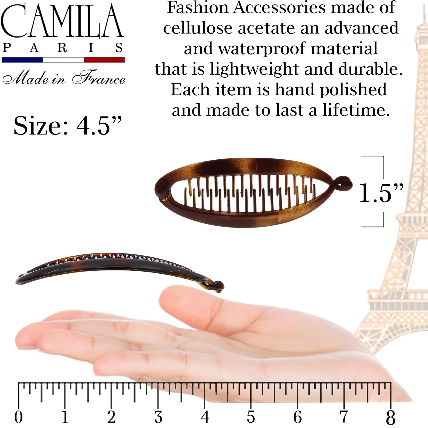 Camila Paris CP5 4.5 inch French Banana Clip Hair Comb Classic Girls Updo Flexible Ponytail Holder Interlocking Banana Combs, Fashion Durable Styling