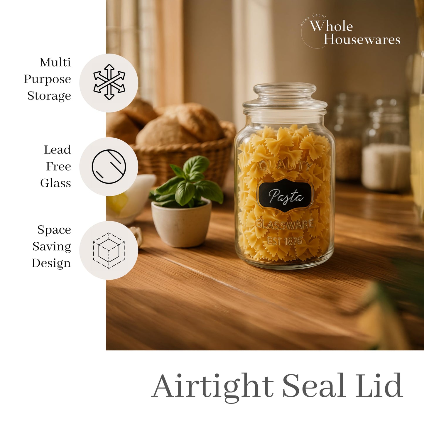 WHOLE HOUSEWARES Glass Canisters with Airtight Lids Set of 3 - Glass Storage Jars for Candy, Cookie, Flour, Sugar, Coffee - Sealed Food Storage…