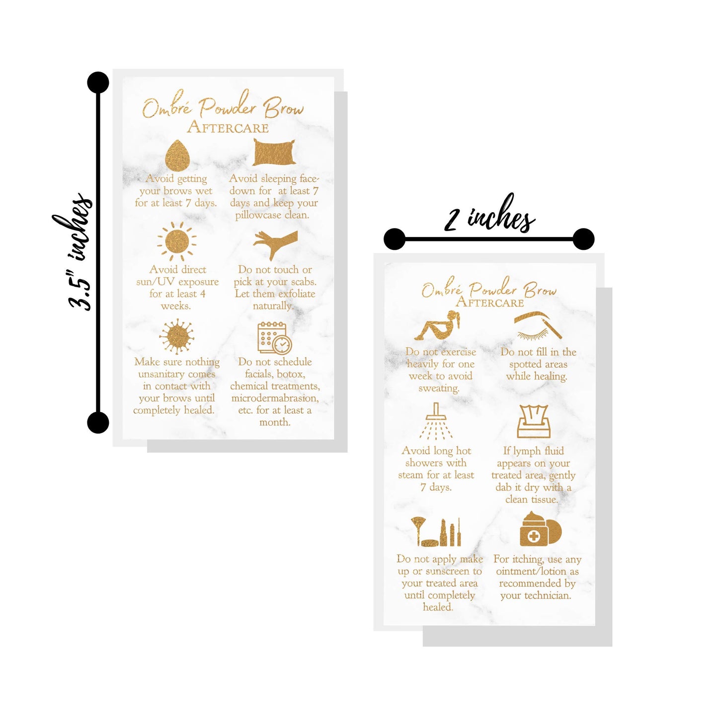 Ombre Powder Brow Aftercare Instructions Cards | 50 Pack | Double Sided Size 2x3.5" inches Business Card | Marble Look and Gold Design