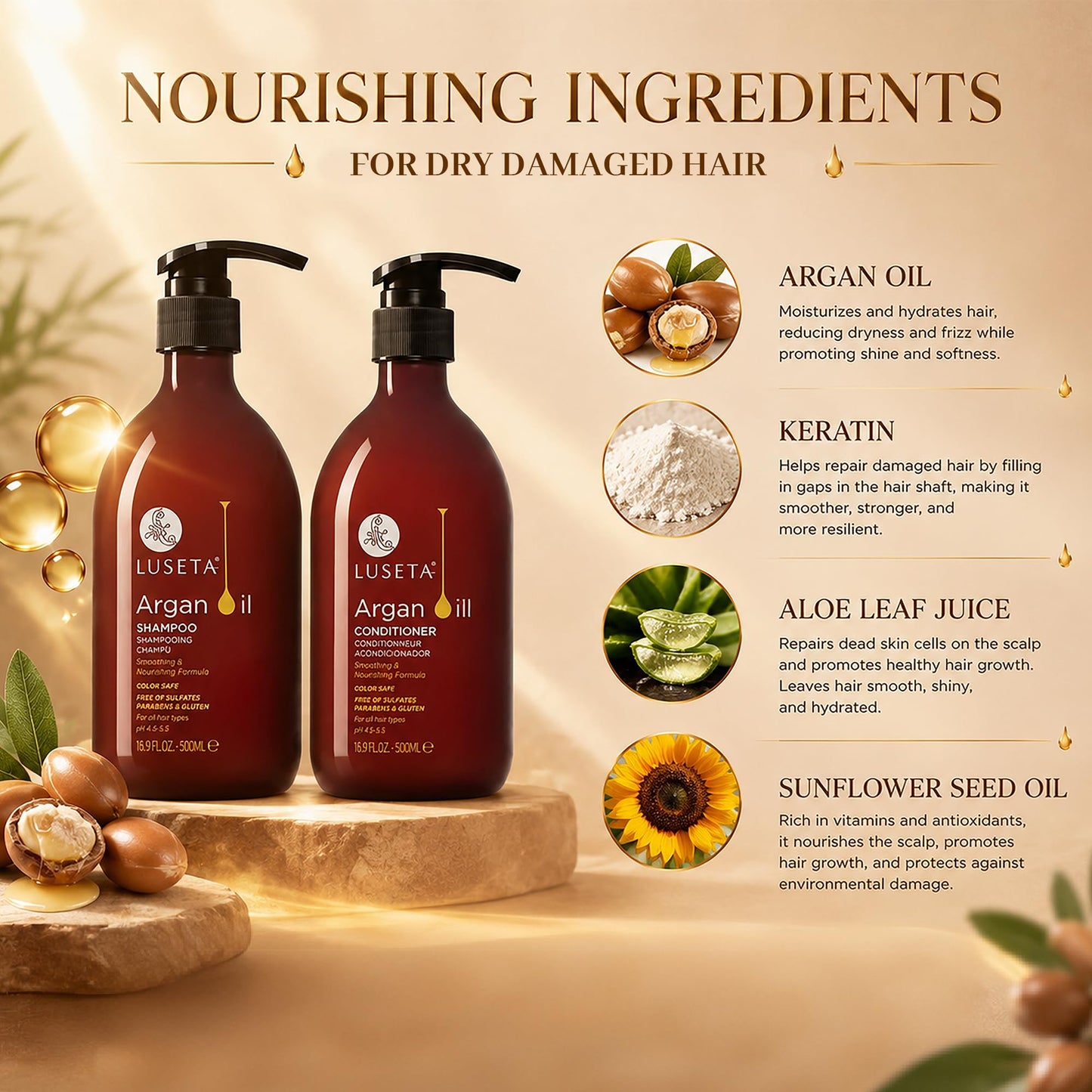 LUSETA Argan Oil Shampoo and Conditioner Set for Dry Damaged Hair - Smoothing & Thickening Treatment for Fine Thin Hair, Anti-Frizz Nourishing Formula