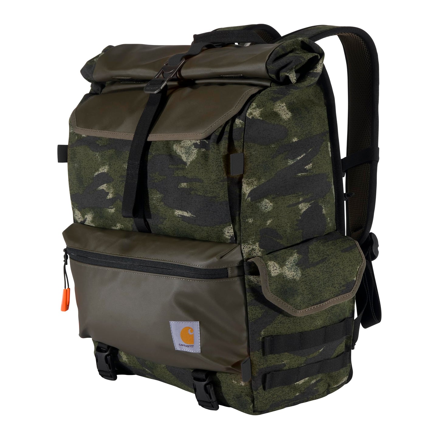 Carhartt 40L Nylon Roll Top Backpack, Heavy-Duty Water-Resistant Material W/ 17" Laptop Sleeve, Blind Fatigue Camo