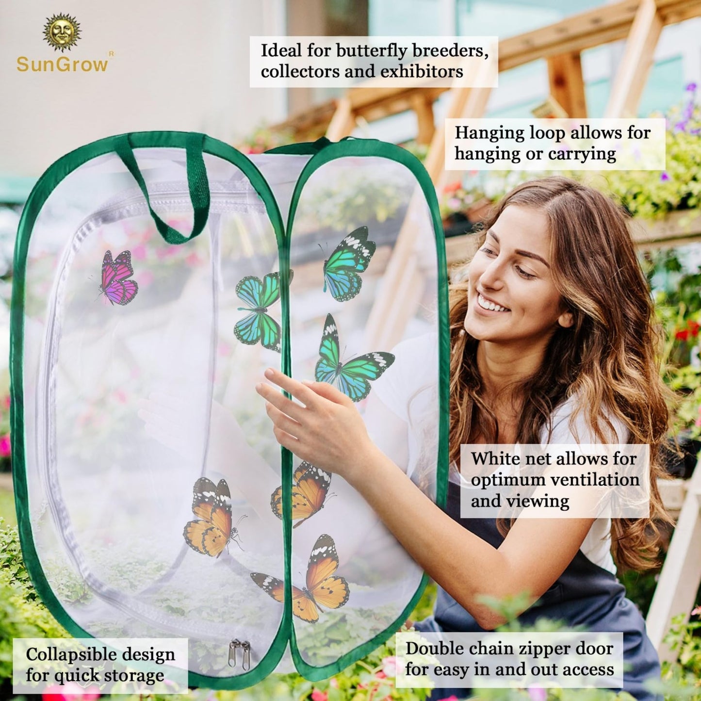 SunGrow Foldable Butterfly Habitat – 24" Cage for Caterpillars, Butterfly Farm & Insect Enclosure for Breeding Ladybugs, Dragonflies & More, Green