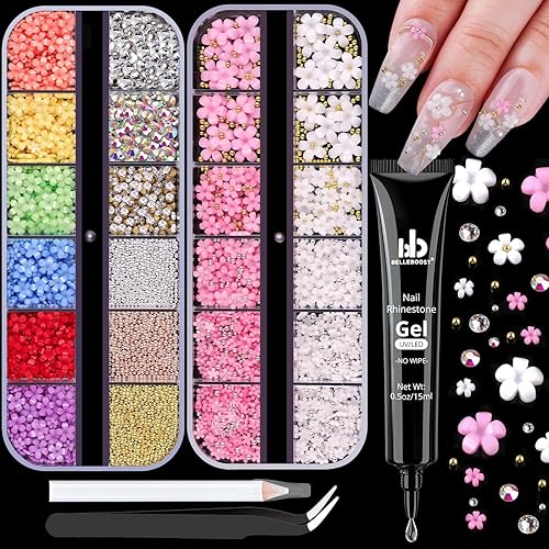 3D Flowers Nail Charms and Gems with Nail Rhinestone Glue Gel, Cute Colorful Acrylic 3D Flowers for Nails with Caviar Beads, Rhinestones for Nails