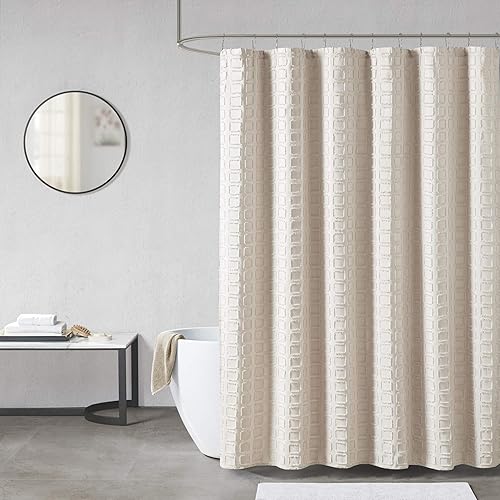 Madison Park Metro Bathroom Shower, Textured Woven Clipped Design Modern Mid-Century Privacy Bath Fabric Curtains, 72"x72", Sand