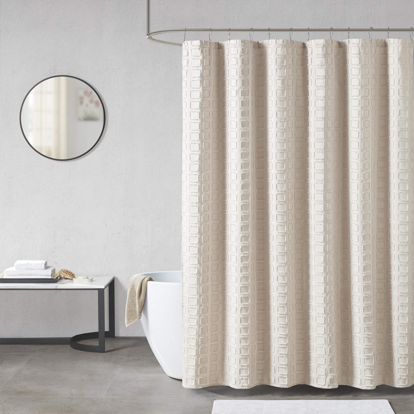 Madison Park Metro Bathroom Shower, Textured Woven Clipped Design Modern Mid-Century Privacy Bath Fabric Curtains, 72"x72", Sand