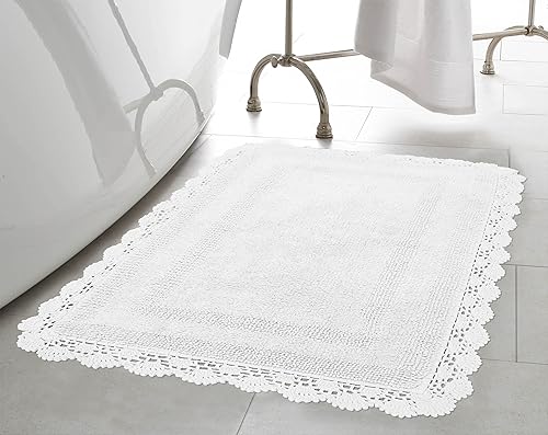 Laura Ashley Absorbent Bath Mat Reversible Crochet Soft and Plush Bathroom Mat 100% Cotton 21x34 Bath Rug, White