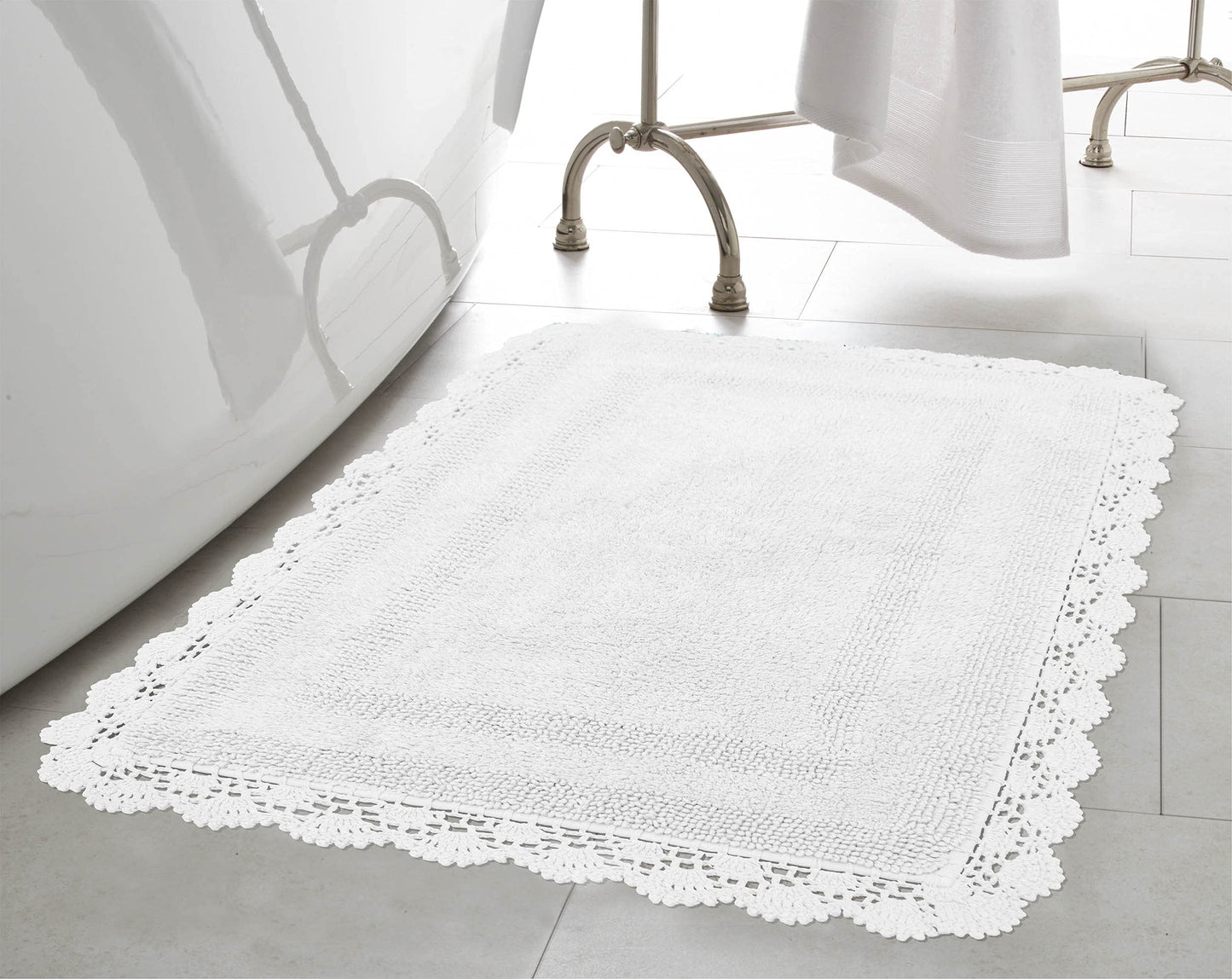 Laura Ashley Absorbent Bath Mat Reversible Crochet Soft and Plush Bathroom Mat 100% Cotton 21x34 Bath Rug, White