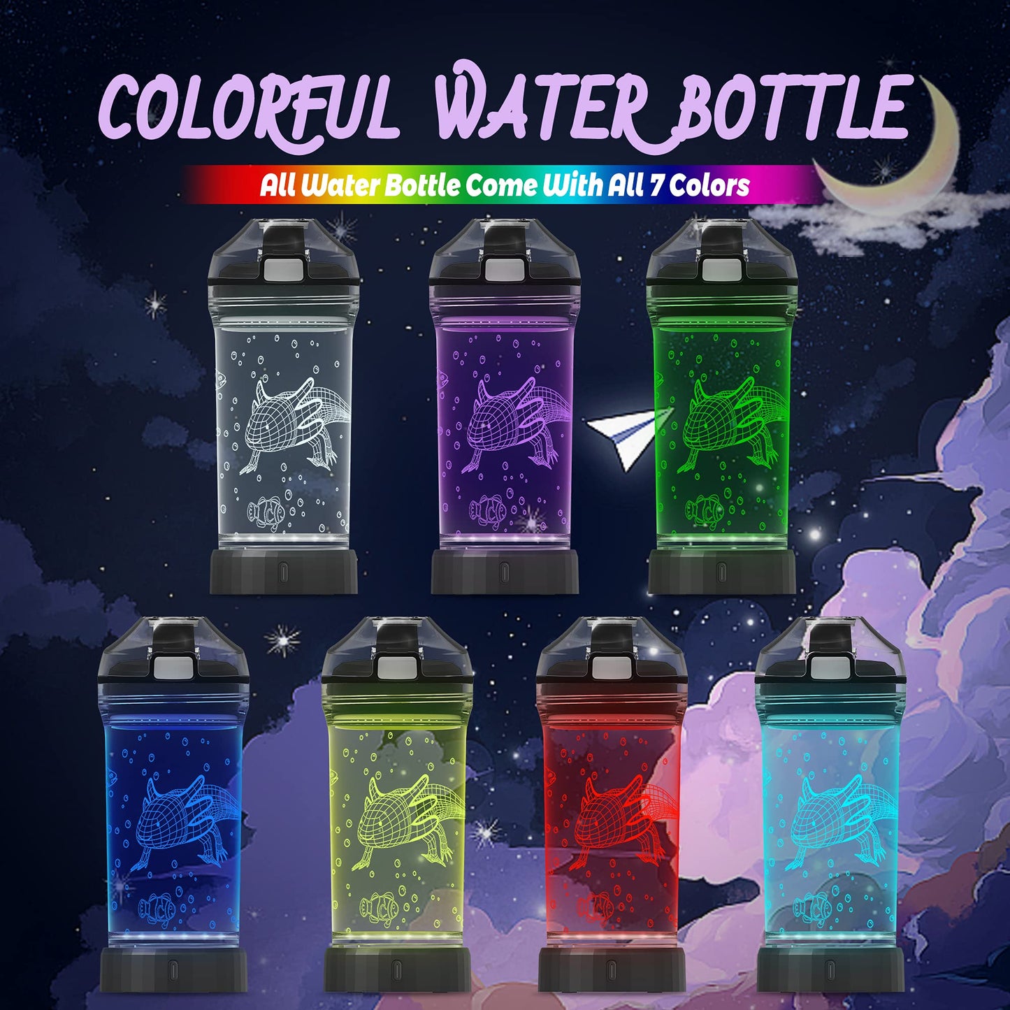 Ammonite Axolotl Water Bottle with 3D Glowing LED Light - 14 OZ Tritan BPA Free - Creative Ideal Travel Cup Gift for School Kid Boy Child Gamer