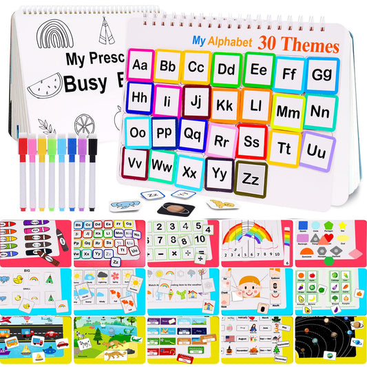HAN-MM Busy Book for Kids – Montessori Activity Binder with 30 Themes & 8 Markers, Preschool Learning, Tracing & Coloring Workbook for Ages 1–3