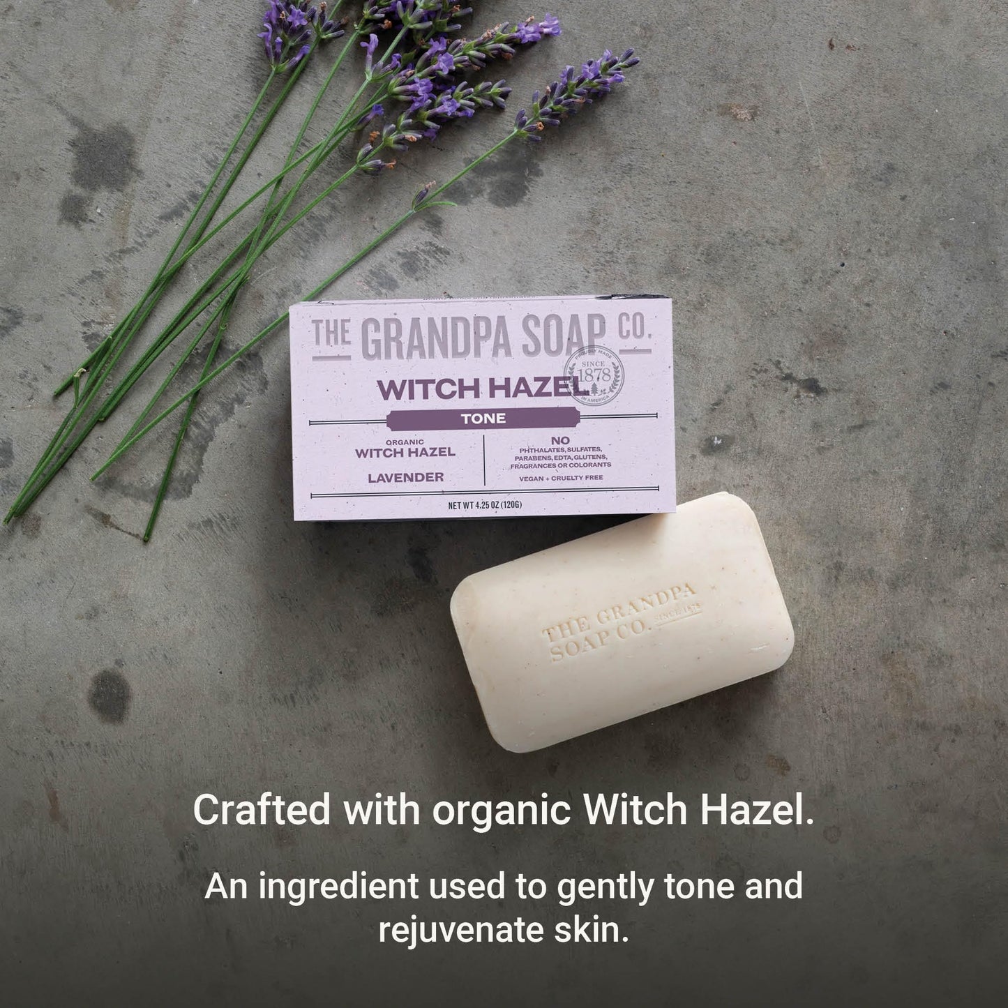 The Grandpa Soap Company Witch Hazel Bar Soap - Tones and Rejuvenates Skin, With Witch Hazel and Lavender, Provides a Relaxing Effect, Vegan, For Face