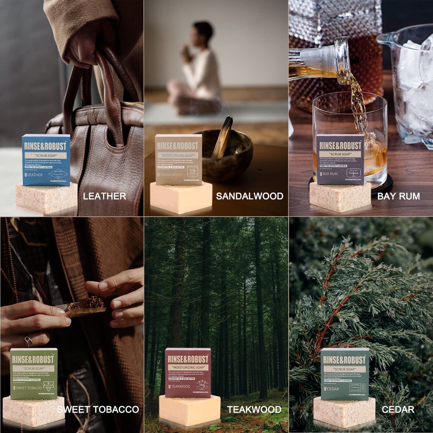 Rinse & Robust Mens Soap Bar Set 6Pcs Natural Cleansing Bar Soap Set Scrub Soap Gift for Men All Skin Type| 6 Different Scents |3.5 oz of 6 Bars