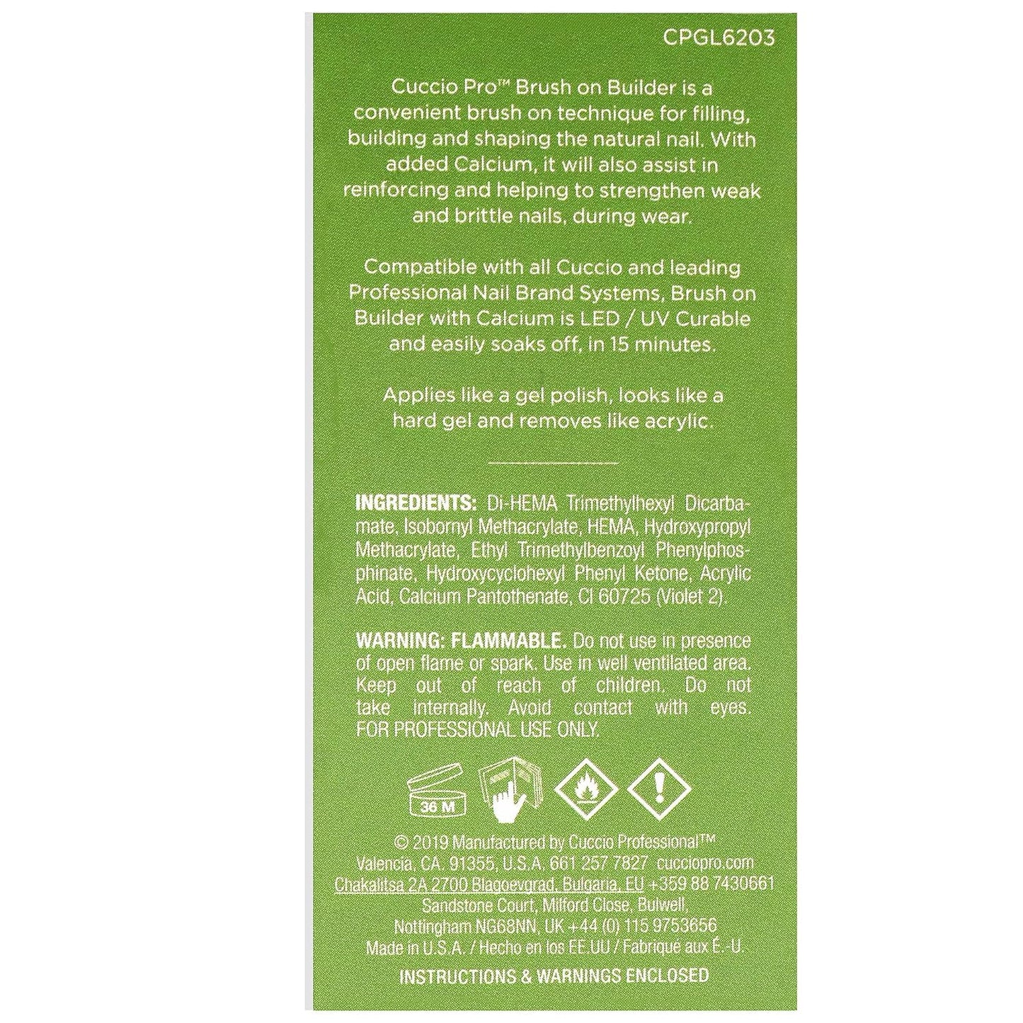 Cuccio Pro Brush-On Builder Gel w/ Calcium – Clear Soak-Off UV/LED Gel, Lightweight Self-Leveling, Chip-Resistant Hard Gel Strength, 0.43 oz