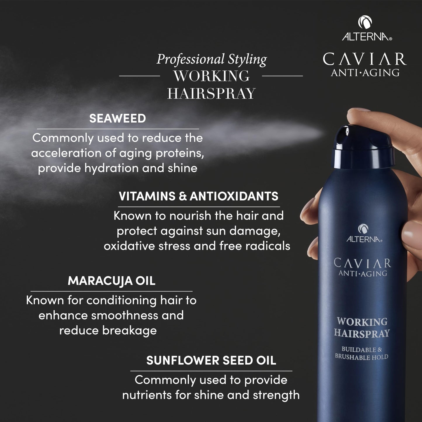 Alterna Caviar Working Hairspray | Buildable, Brushable Hold | Helps Control Frizz & Adds Shine | Sulfate Free, 7.4 Fl Oz (Packaging May Vary)