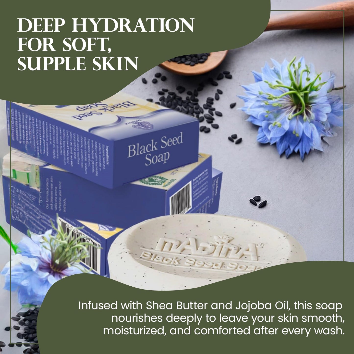 Madina Black Seed Soap Bar - Moisturizing, Anti-Aging, Deep Cleansing, Black Seed Oil, Shea Butter, Jojoba Oil, Plant-Based, Gentle Face & Body