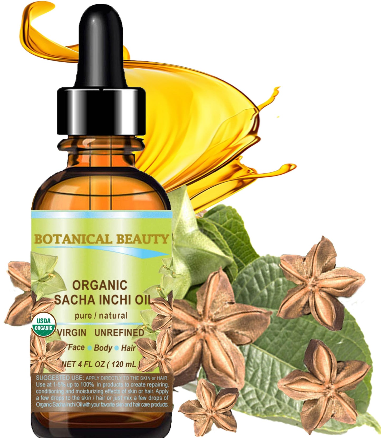 Botanical Beauty Organic SACHA INCHI OIL 100% Natural Pure Undiluted Virgin Unrefined Cold Pressed Carrier Certified Organic Oil For Face, Skin, Hair