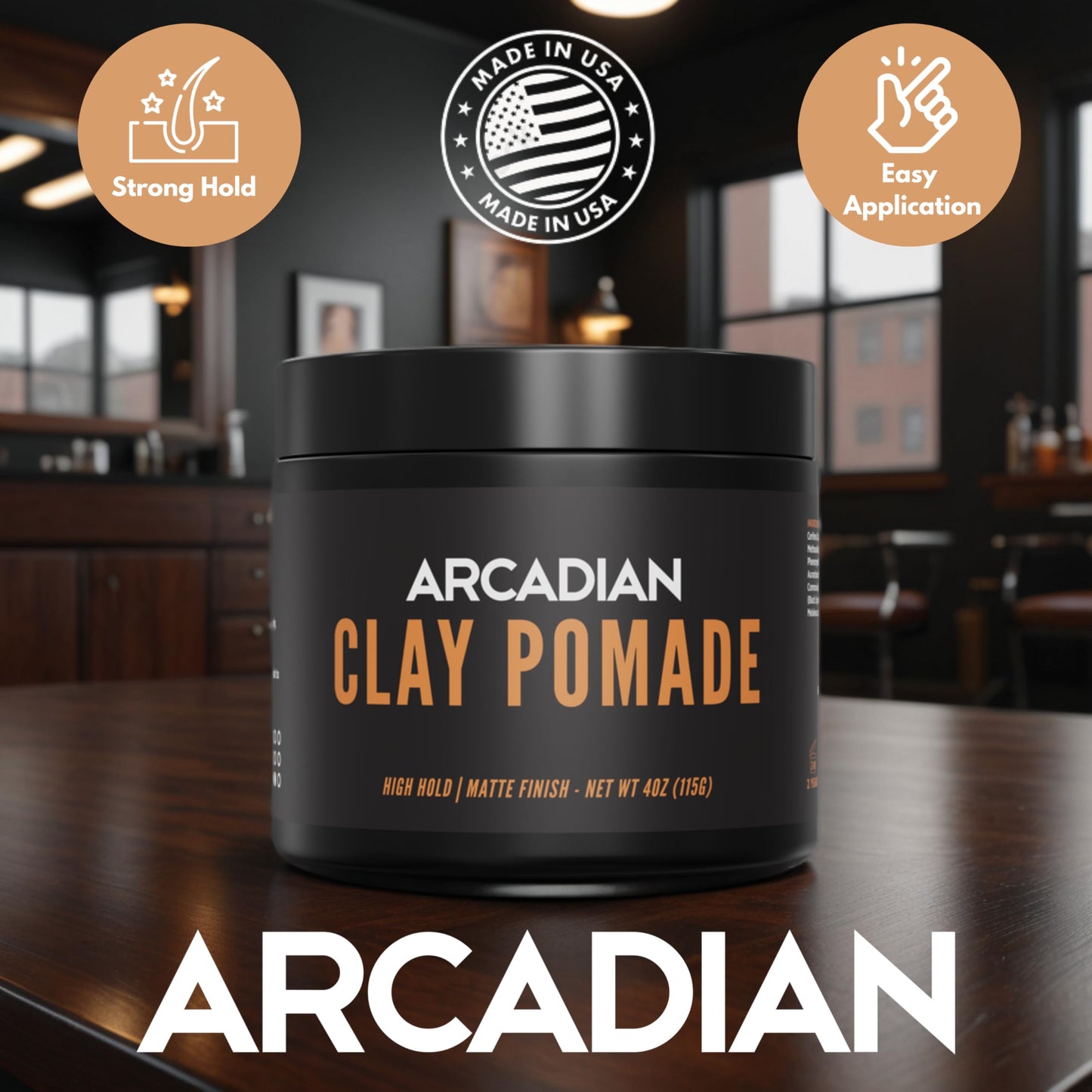 Arcadian Grooming Clay Pomade for Men - Vegan Matte Finish, Strong High Hold, 4oz