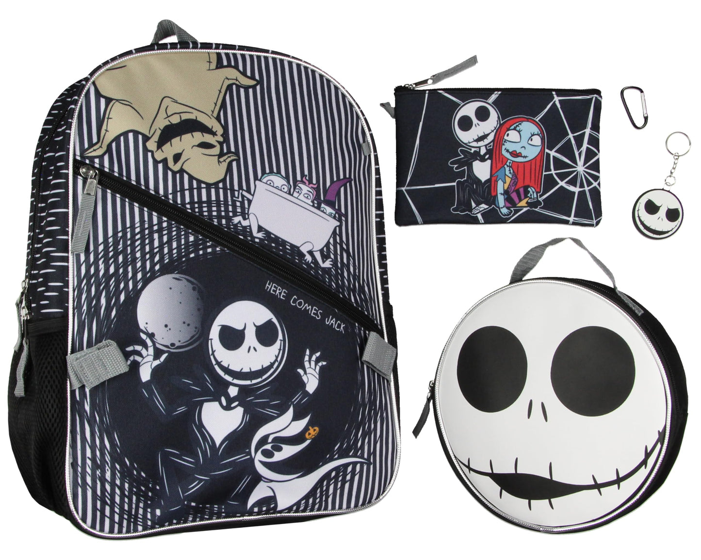 Disney Nightmare Before Christmas Jack Skellington 5 Pc Backpack Set With Lunch Box Pencil Case Carabiner And Keychain
