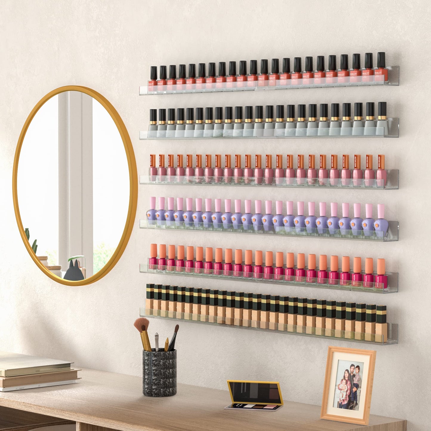 Sezanrpt 32 Inches Acrylic Nail Polish Rack Shelf for Wall, Clear Nail Polish Organizer Wall Mounted for 192 Bottles, 6 Pack