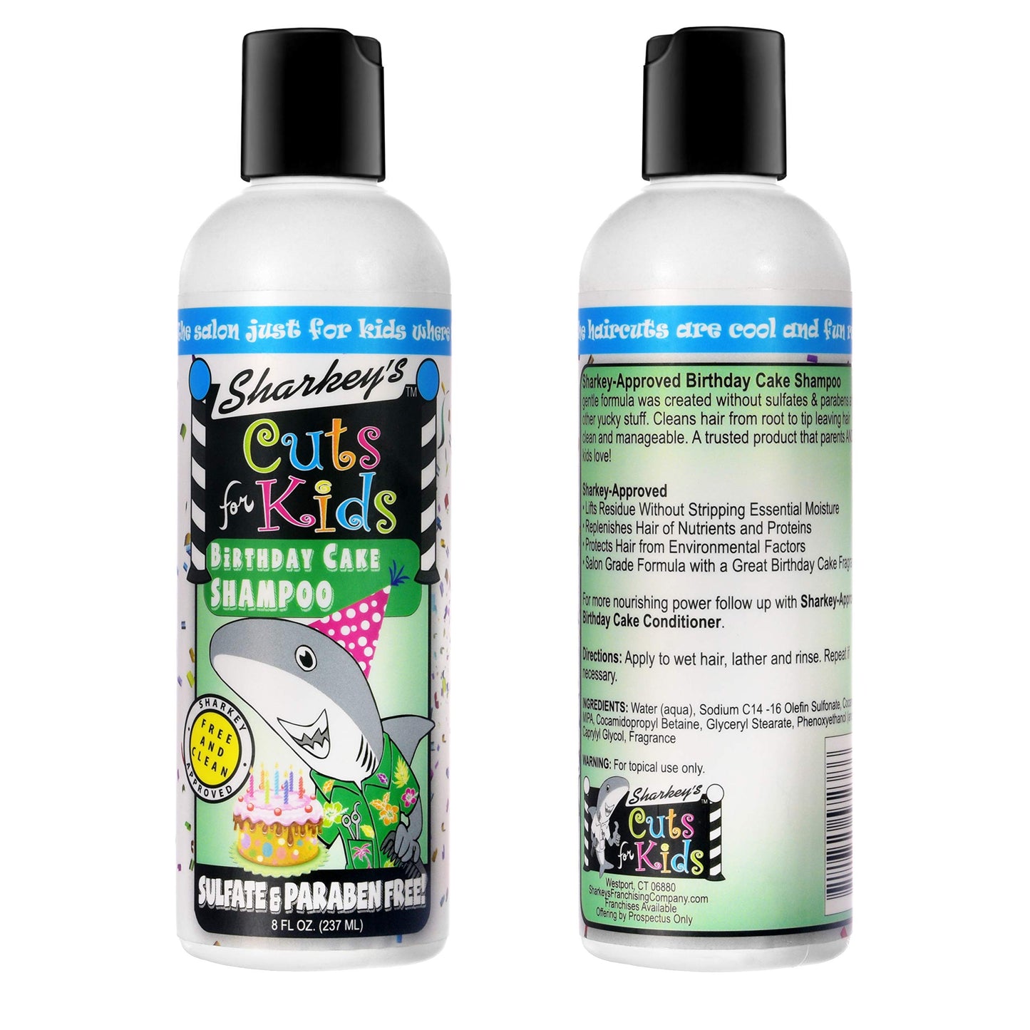Sharkey's Birthday Cake Scented Kids Shampoo and Conditioner with Baby Shark Plush Backpack Clip or Lunchbox Clip - Sulfate Free and Paraben Free!