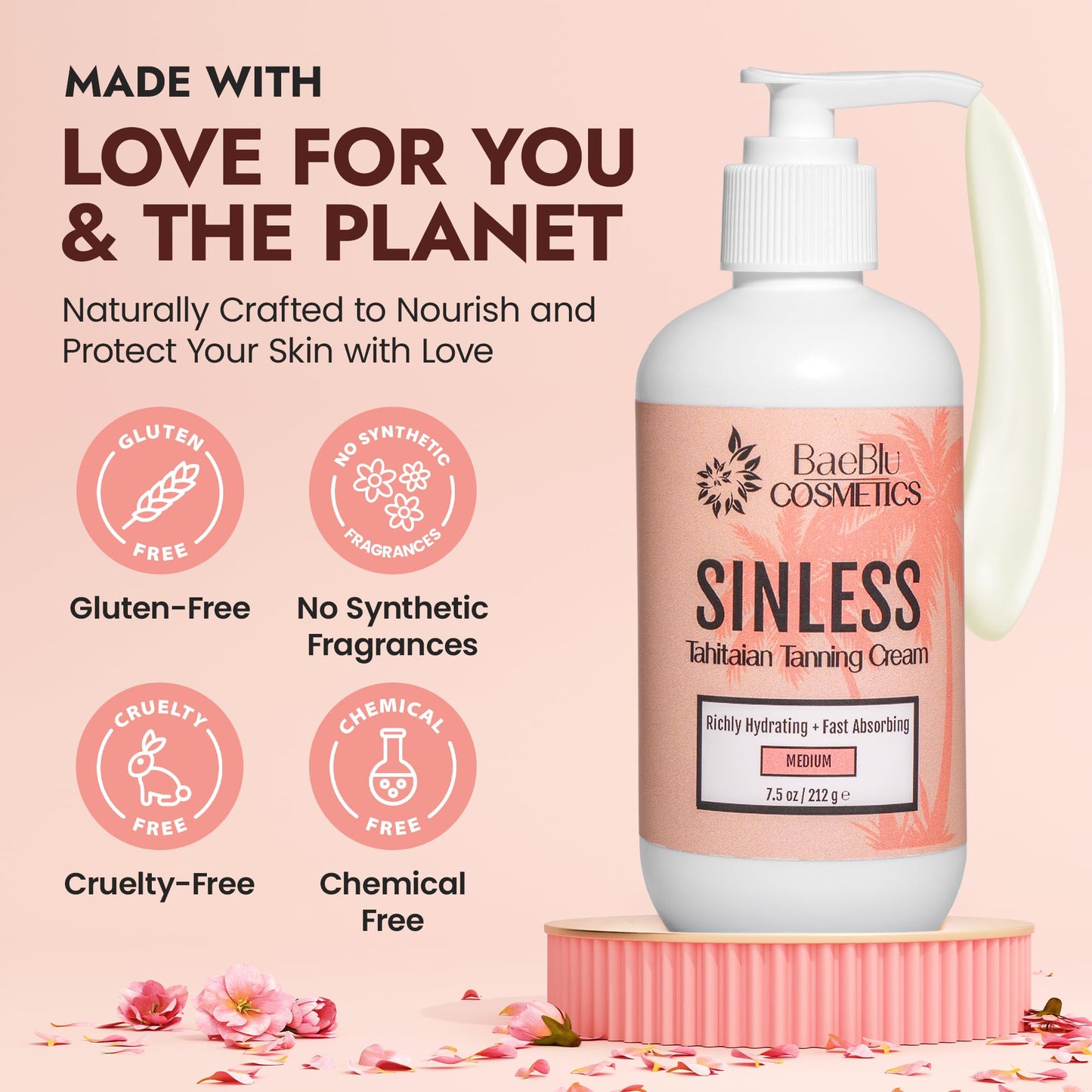 BaeBlu - Sinless Tahitian Self Tan Lotion - Sunless Tanning Lotion with Hydrating Monoi de Tahiti & Coconut Oils for Streak-Free, Golden Tan - No