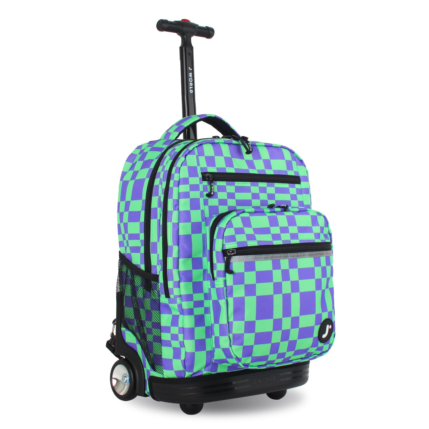 J World Sundance Laptop Rolling Backpack for Girls Boys. Roller Bookbag with Wheels, Pixel Checkers