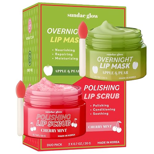 Sundae Glow Lip Mask & Scrub - Apple, Pear, Cherry & Mint - Hydrates, Exfoliates, Softens, Repairs Dry & Chapped Lips - Dermatologist Tested, Korean