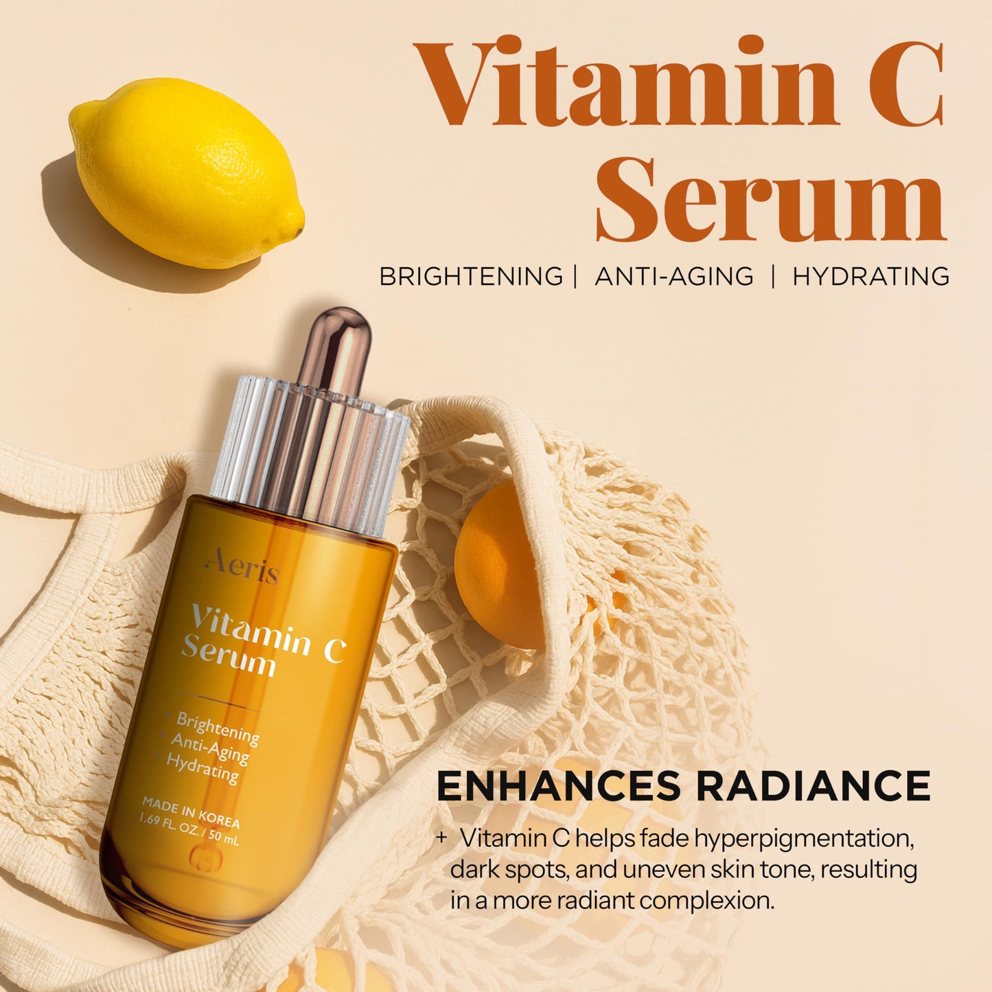 Aeris Vitamin C Face Serum - Hydrating & Revitalizing Formula For Dark Spots, Uneven Tone & Fine Lines - Dermatologist Tested, Anti-Aging, Korean