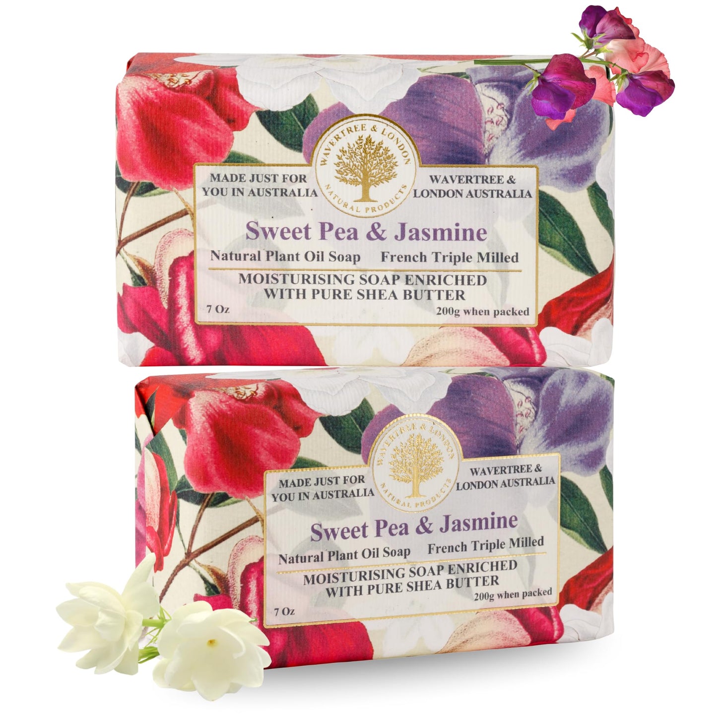 Wavertree & London Sweet Pea & Jasmine Scented Natural Soap (2 Bars), 7oz Moisturizing French Triple Milled Soap Bars enriched with shea butter - Pure