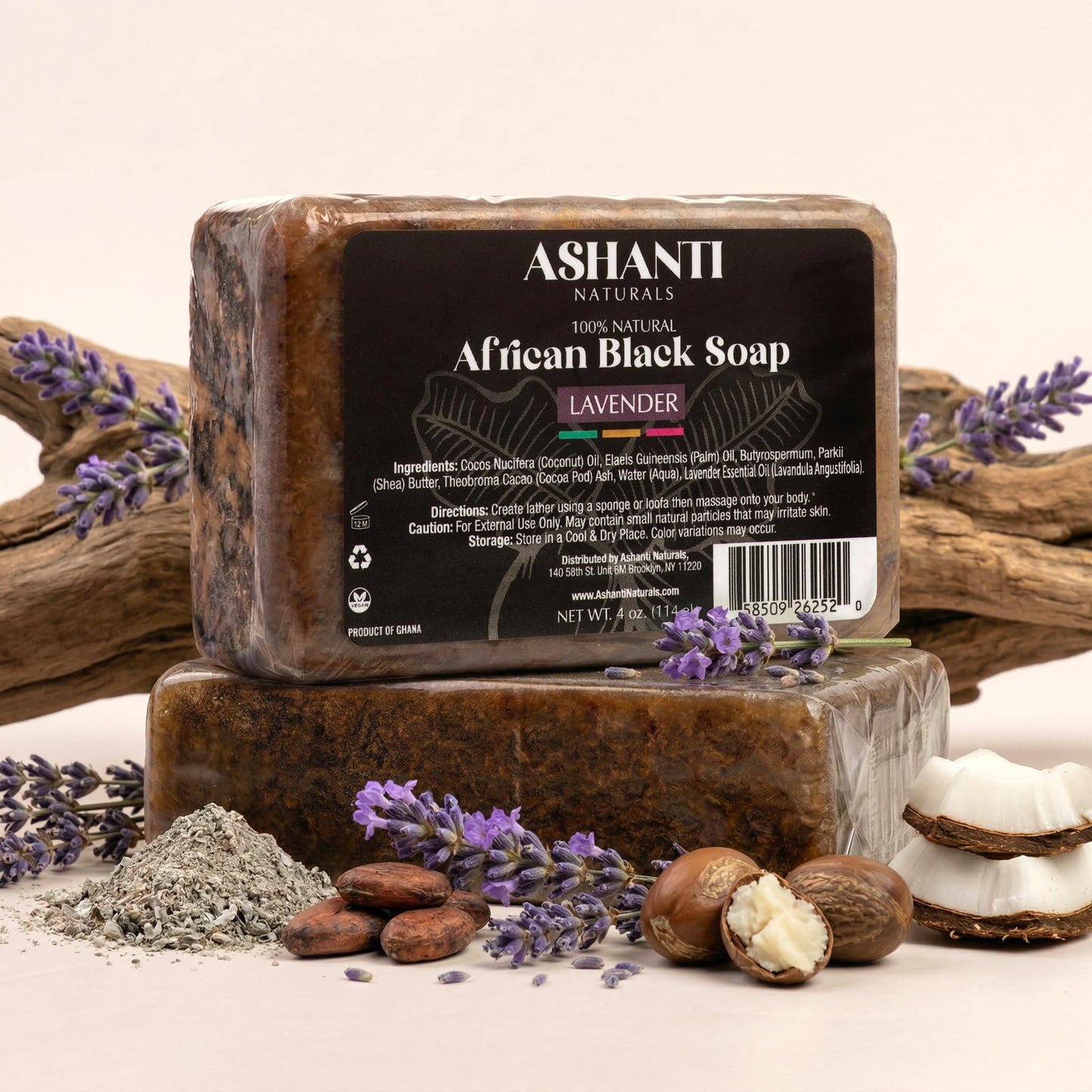 Ashanti Naturals African Black Soap Bar | Scented Natural Black Soap with Raw Shea Butter and Coconut Oil - 2pk 4oz Bars (Lavendar)