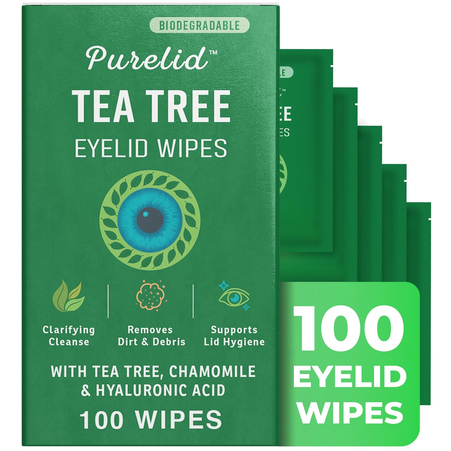 PURELID 100PCs Tea Tree Eyelid Wipes - Cleaning Eye Wipes for People with Dry Eyes & Allergies - Gentle Eyelid Cleanser with Hyaluronic Acid Beauty and Personal Care PURELID