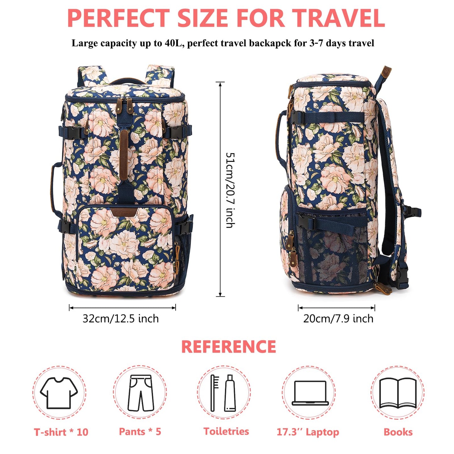 G-FAVOR Travel Backpack for Women, 40L Carry On Backpack Flight Approved Convertible Duffel Bag Backpack Fit for 17.3 Inch Laptop Bag, Floral
