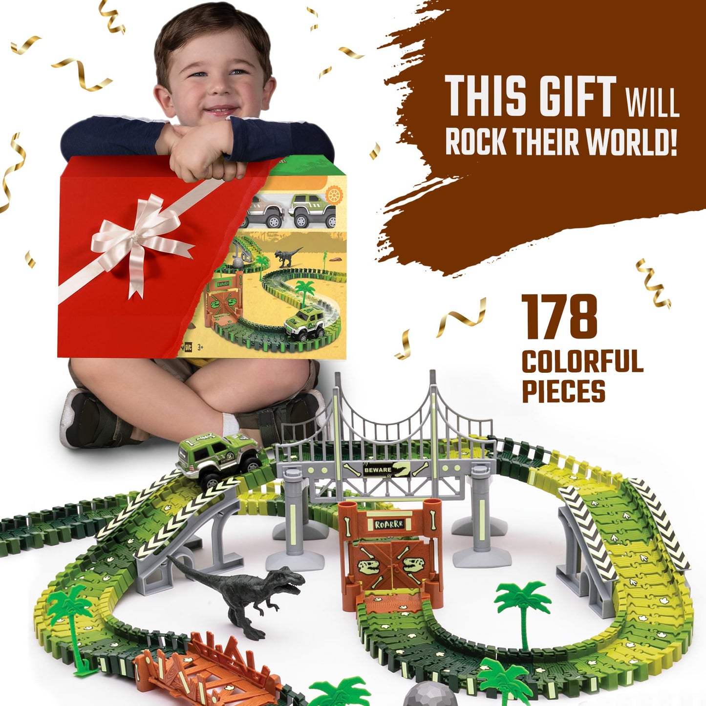 JITTERYGIT Dinosaur Jurassic Race Track Train Glow in The Dark World Toy Set, Kids Dino Racetrack Park Includes T-Rex & Triceratops Playset - Best…