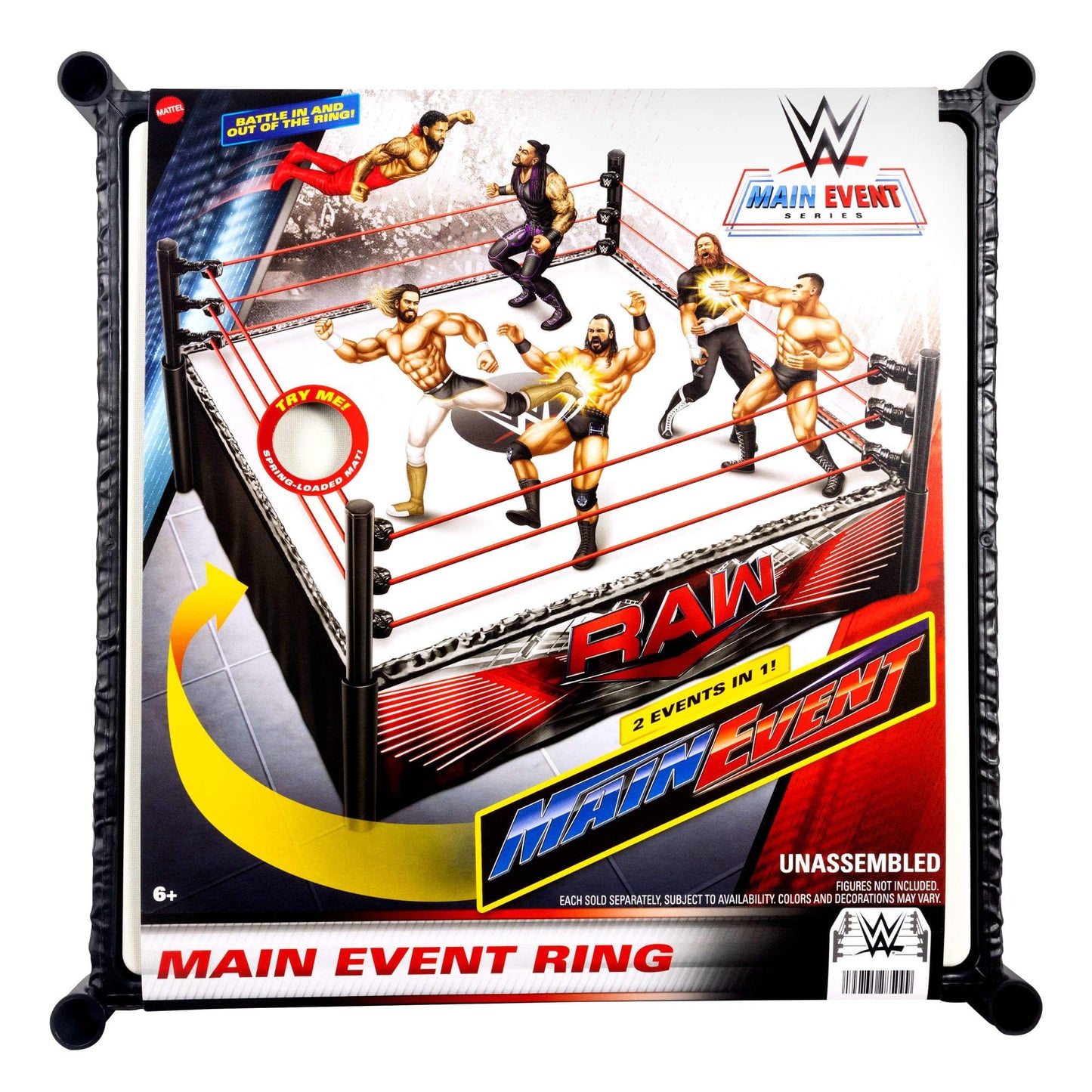 Mattel WWE Superstar Ring – Main Event & RAW Playset with Labels, Spring-Loaded Ring Mat & Pro Tension Elastic Ropes