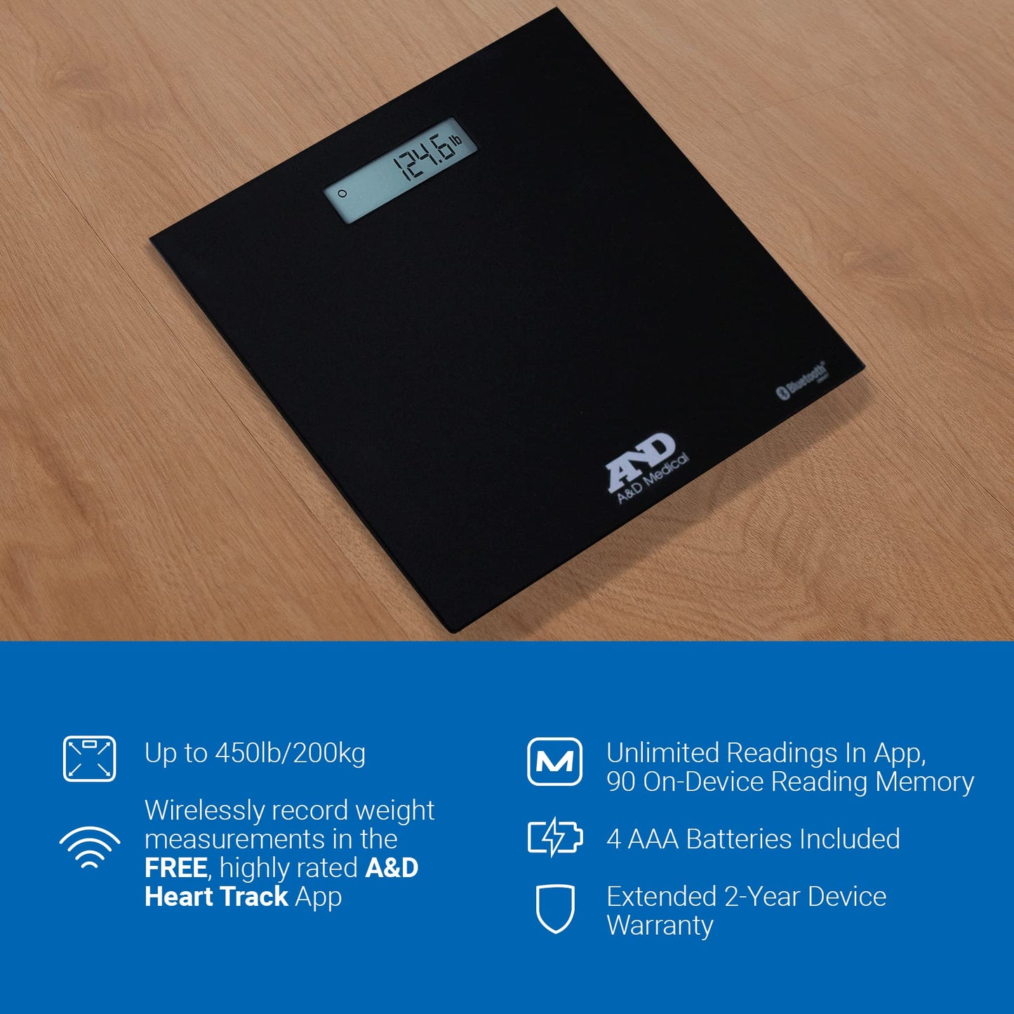 A&D Medical Digital Body Weight Scale - UC-352BLE - Bluetooth Bathroom Weight Machine, Syncs with A&D Heart Track App - 450lb (200kg) - Batteries…