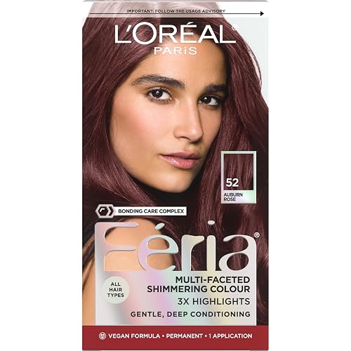 L’Oreal Paris Feria Multi-Faceted Shimmering Permanent Hair Color, High Intensity Hair Dye for 3X Highlights, 52 Auburn Rose, 1 Hair Dye Kit