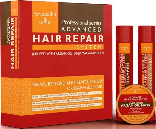 Advanced Hair Repair Shampoo, Conditioner and Deep Conditioner Mask System Set for Dry or Damaged Hair with Argan and Macadamia Oil by Arvazallia