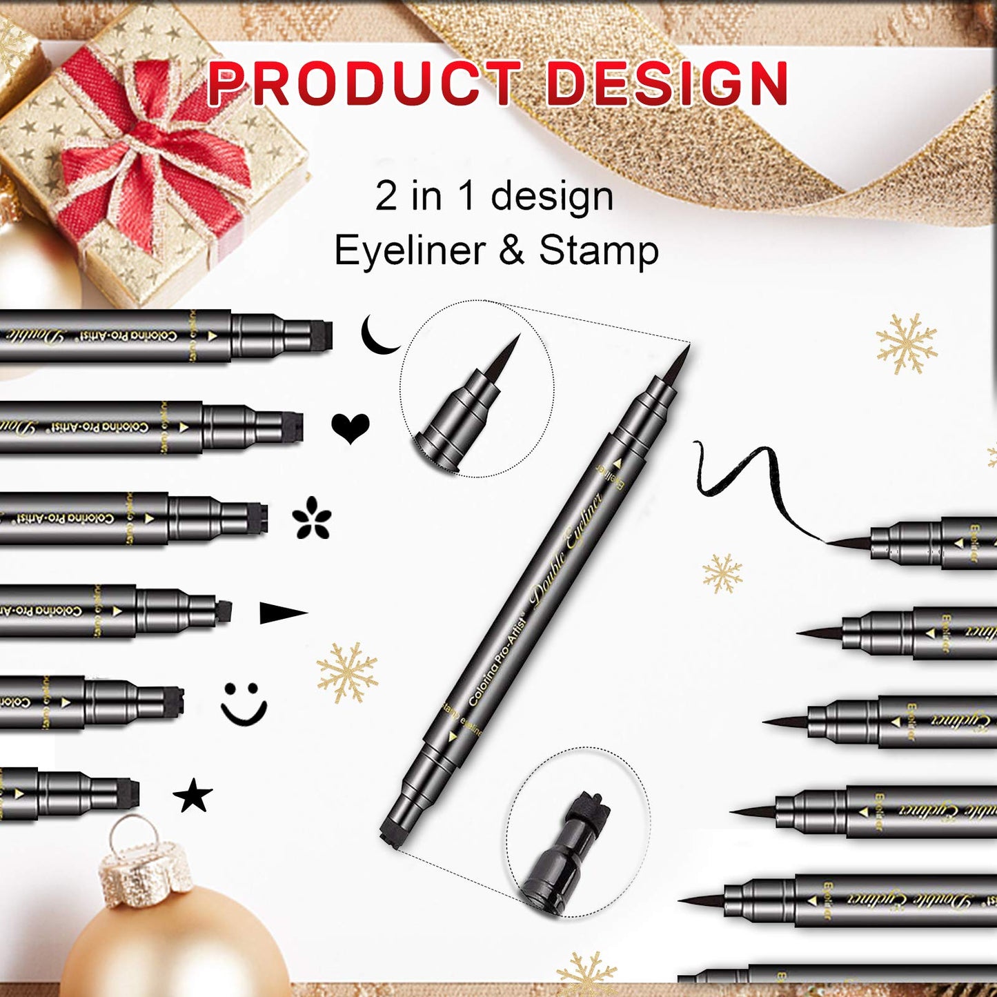 Erinde 6PCS Double-headed Eyeliner Stamp Pen Set, Black Stencil, Winged Eyeliner Tattoo Tool, Star Moon Heart Eye Makeup