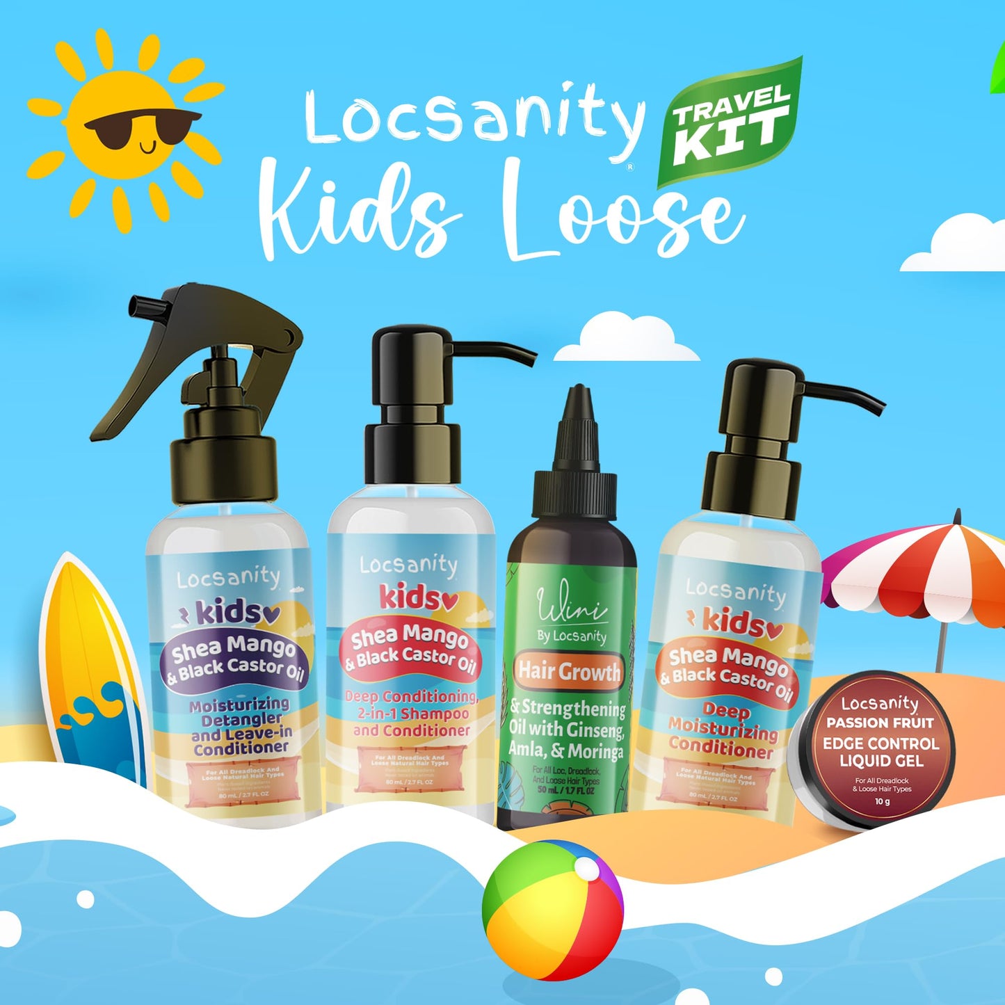 Locsanity Natural & Organic Kids Travel Kit, Gentle 2-in-1 Shampoo/Conditioner, Deep Moisturizing Conditioner, Healthy Hair Growth Oil, Detangler, Gel
