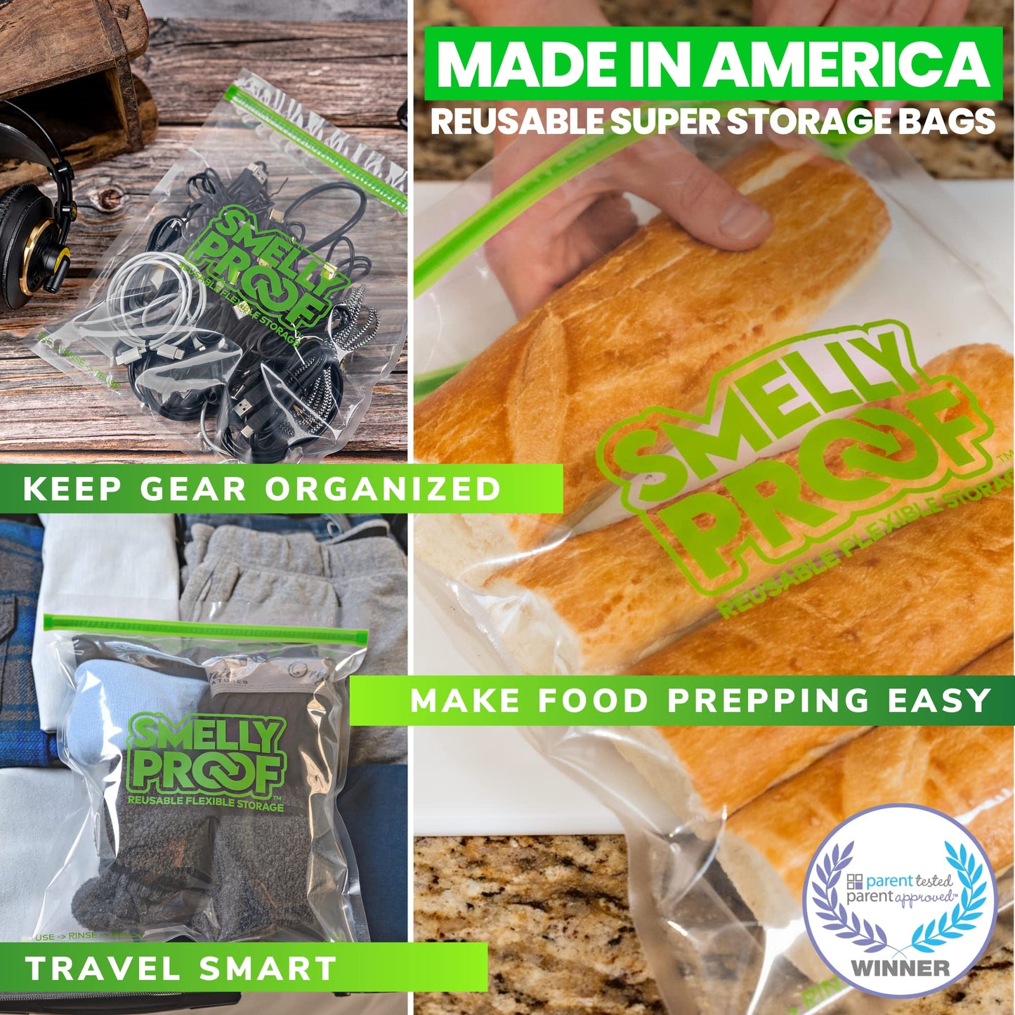 Reusable Storage Bags for Food by Smelly Proof Bags - MADE IN USA, Easy Clean, Dishwasher-Safe, BPA FREE, NO PEVA, XL 3-mil Thick Bags, Extra Large…