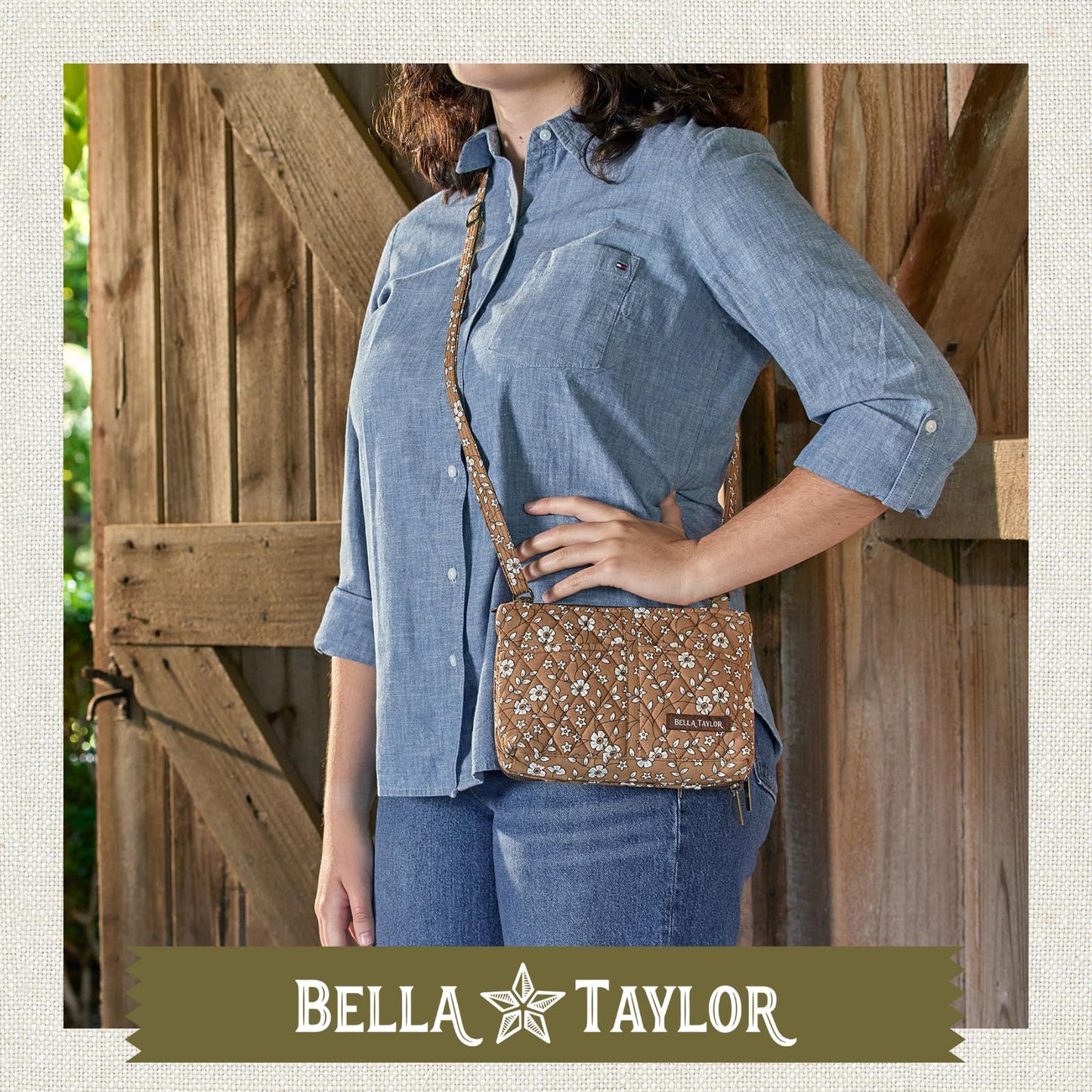 Bella Taylor Essentials Crossbody Purse with Built In Wallet, Quilted Cotton Vintage Vine Brown Floral