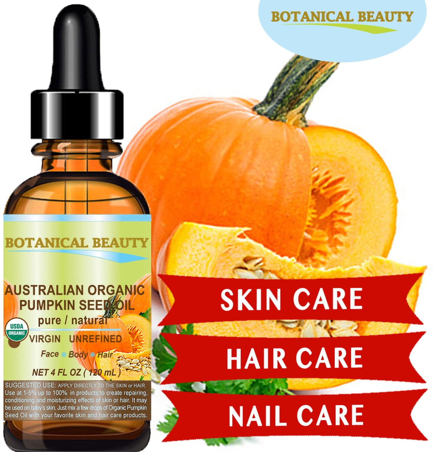 Botanical Beauty Australian ORGANIC PUMPKIN SEED OIL 100% Pure Natural Virgin Unrefined Cold Pressed Carrier Oil. 1 Fl.oz.- 30 ml. for Face, Skin